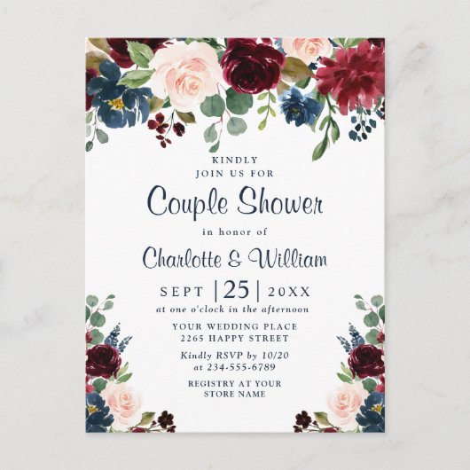 Burgundy Navy Floral Couple Shower Invitations Briefkaart (Voorkant)