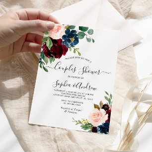 Burgundy & Navy Floral Couples Shower Invitation Kaart