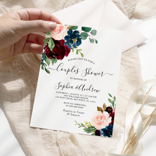 Burgundy & Navy Floral Couples Shower Invitation Kaart