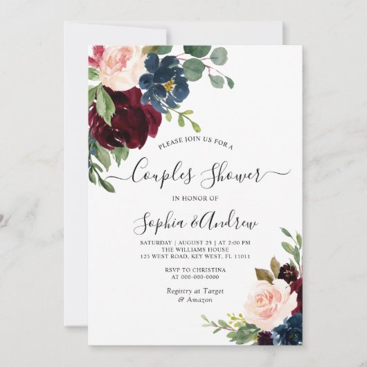 Burgundy & Navy Floral Couples Shower Invitation Kaart (Voorkant)
