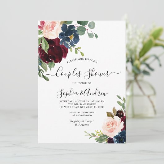 Burgundy & Navy Floral Couples Shower Invitation Kaart (Staand voorkant)