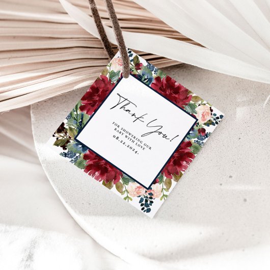 Burgundy Navy Floral Dank je Baby shower Labels