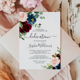 Burgundy & Navy Floral Dedication Invitation Kaart