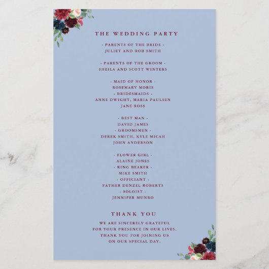 Burgundy navy floral dusty blue bruiloft (Achterkant)