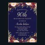 Burgundy Navy Floral Elegant 90th Birthday Party Kaart<br><div class="desc">griepvaccinaties in de Little Bayleigh Store.</div>