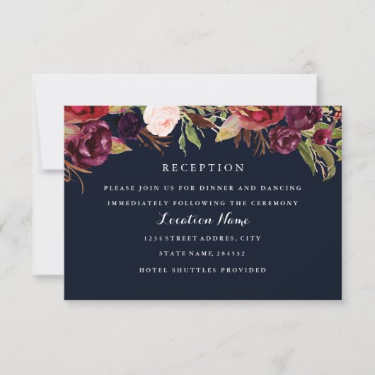 Burgundy Navy Floral Fall Wedding Reception Kaart (Voorkant)