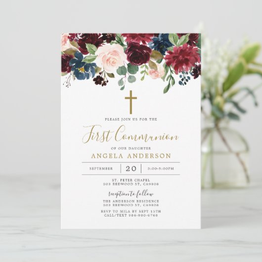 Burgundy Navy Floral First Community Invitation Kaart (Staand voorkant)