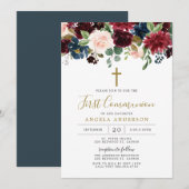 Burgundy Navy Floral First Community Invitation Kaart (Voorkant / Achterkant)