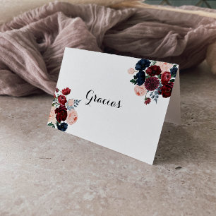 Burgundy Navy Floral Folded Wedding Gracias Card Bedankkaart