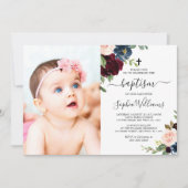 Burgundy & Navy Floral Foto Baptism Uitnodiging (Voorkant)
