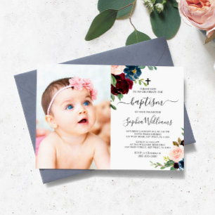 Burgundy & Navy Floral Foto Baptism Uitnodiging