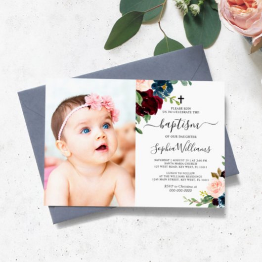 Burgundy & Navy Floral Foto Baptism Uitnodiging