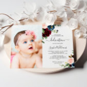 Burgundy & Navy Floral Foto Dedication Invitation Kaart