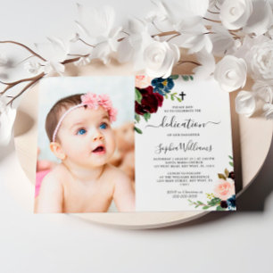 Burgundy & Navy Floral Foto Dedication Invitation Kaart