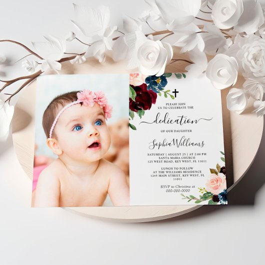 Burgundy & Navy Floral Foto Dedication Invitation Kaart