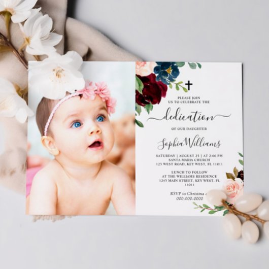 Burgundy & Navy Floral Foto Dedication Invitation Kaart