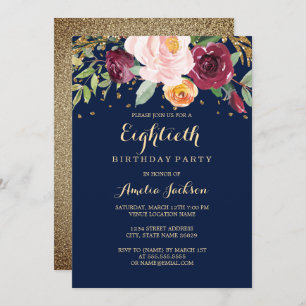 Burgundy Navy Floral Glitter 80th Birthday Party Kaart