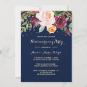 Burgundy Navy Floral Glitter Housewarming Party Kaart (Voorkant)