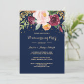 Burgundy Navy Floral Glitter Housewarming Party Kaart (Staand voorkant)