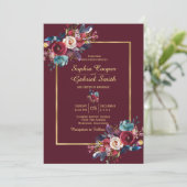Burgundy Navy Floral Gold Lijst op borduurbruiloft Kaart (Staand voorkant)