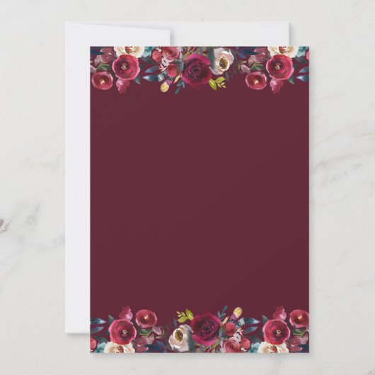 Burgundy Navy Floral Gold Lijst op borduurbruiloft Kaart (Achterkant)