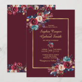 Burgundy Navy Floral Gold Lijst op borduurbruiloft Kaart (Voorkant / Achterkant)
