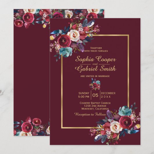 Burgundy Navy Floral Gold Lijst op borduurbruiloft Kaart (Voorkant / Achterkant)