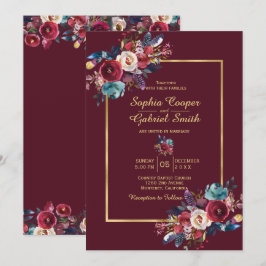 Burgundy Navy Floral Gold Lijst op borduurbruiloft Kaart