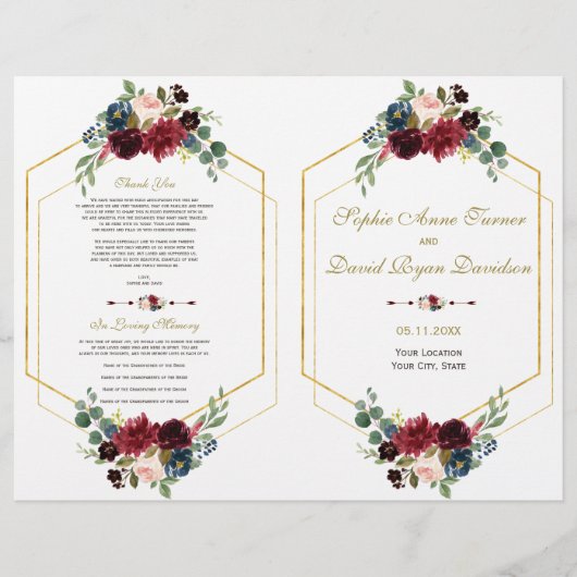 Burgundy Navy Floral Gold Lijst Wedding Program Flyer (Voorkant)