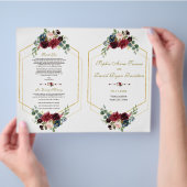 Burgundy Navy Floral Gold Lijst Wedding Program Flyer (Hand)