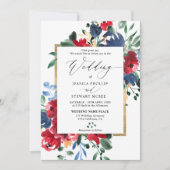 Burgundy navy floral gold script foto bruiloft kaart (Voorkant)