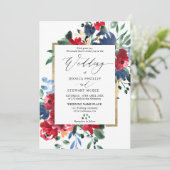 Burgundy navy floral gold script foto bruiloft kaart (Staand voorkant)