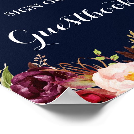 Burgundy Navy Floral Guestbook Weddenschap Poster (Hoek)