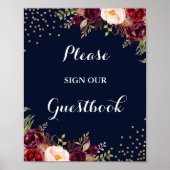 Burgundy Navy Floral Guestbook Weddenschap Poster (Voorkant)