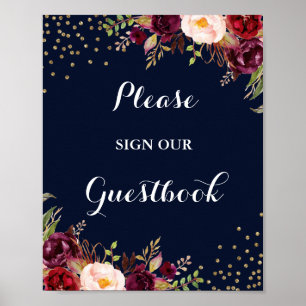 Burgundy Navy Floral Guestbook Weddenschap Poster