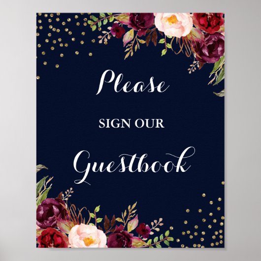 Burgundy Navy Floral Guestbook Weddenschap Poster (Voorkant)