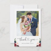 Burgundy Navy Floral Heart Script Weduwfoto Bedankkaart (Voorkant)