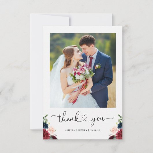 Burgundy Navy Floral Heart Script Weduwfoto Bedankkaart (Voorkant)