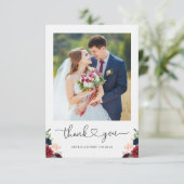 Burgundy Navy Floral Heart Script Weduwfoto Bedankkaart (Staand voorkant)