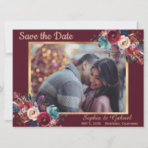 Burgundy Navy Floral Modern Photo Save the Date