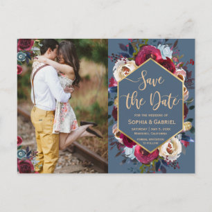 Burgundy Navy Floral op Blauwe Foto Save the Date Aankondigingskaart