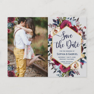 Burgundy Navy Floral op Grey Save the Date Aankondigingskaart