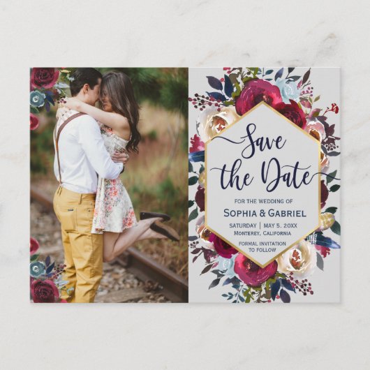 Burgundy Navy Floral op Grey Save the Date Aankondigingskaart (Voorkant)