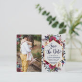 Burgundy Navy Floral op Grey Save the Date Aankondigingskaart (Staand voorkant)