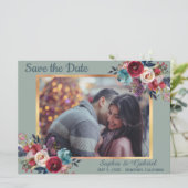 Burgundy Navy Floral op groene foto Save the Date (Staand voorkant)