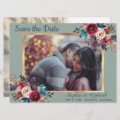Burgundy Navy Floral op groene foto Save the Date (Voorkant / Achterkant)