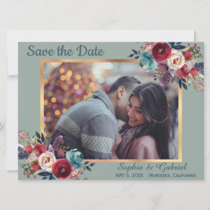 Burgundy Navy Floral op groene foto Save the Date