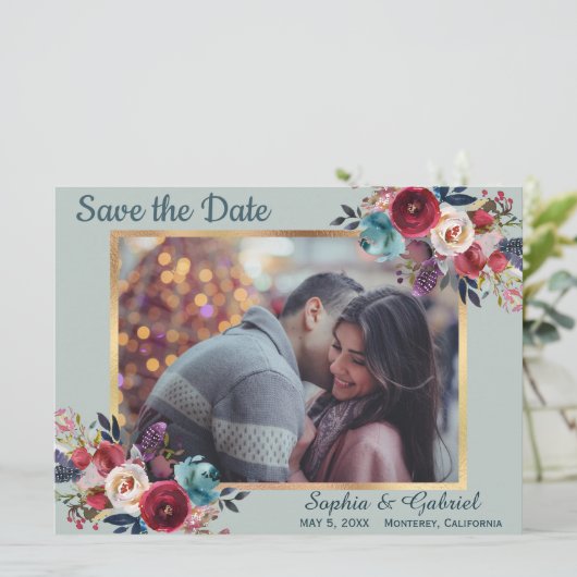 Burgundy Navy Floral op Mint Green Save the Date (Staand voorkant)