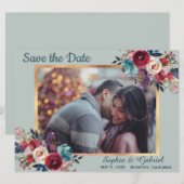Burgundy Navy Floral op Mint Green Save the Date (Voorkant / Achterkant)