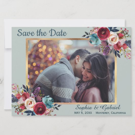 Burgundy Navy Floral op Mint Green Save the Date (Voorkant)